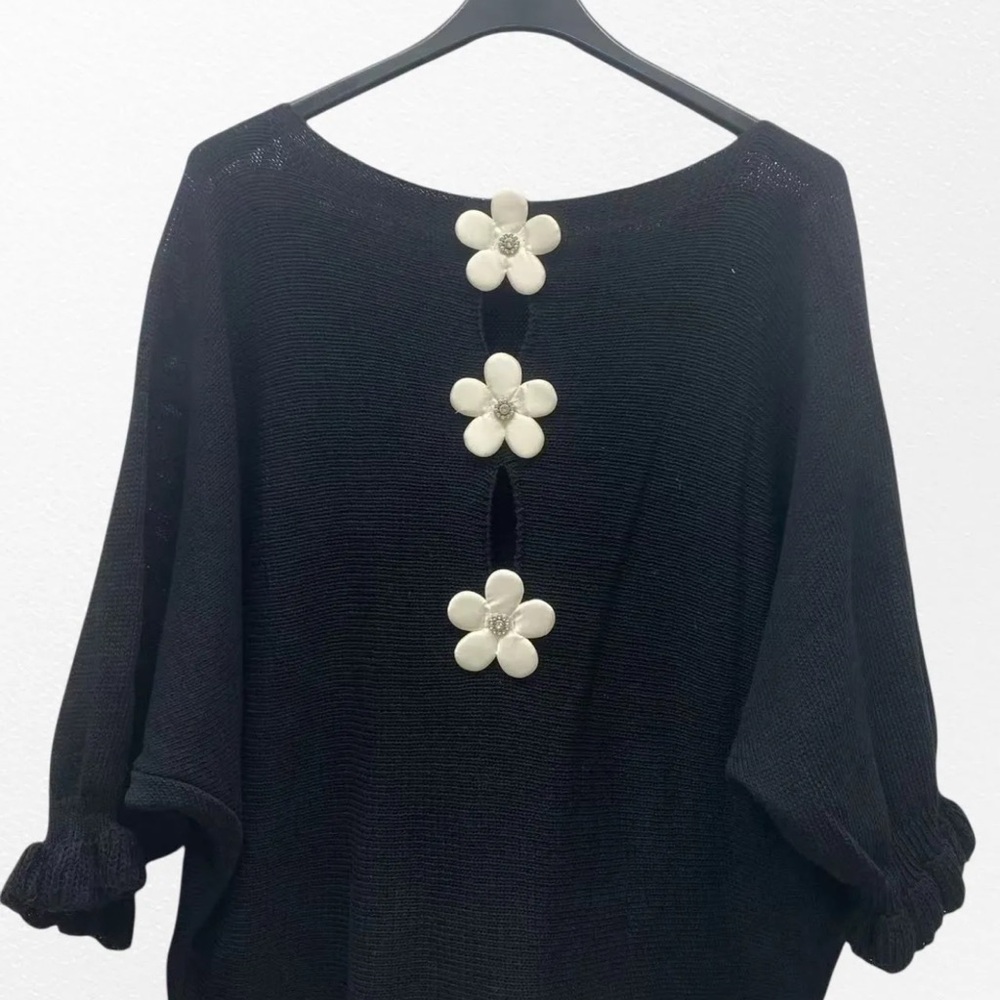 Black Floral-Back Knit Sweater - Made In Italy